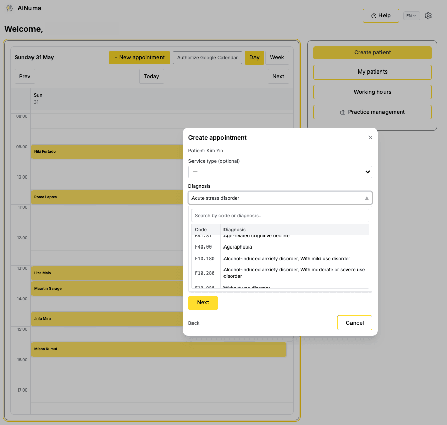 AINuma practice calendar and scheduling workflow