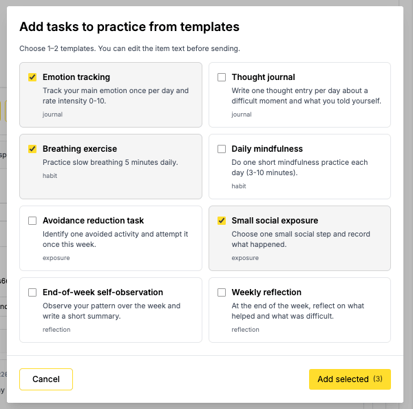 AINuma therapy homework task template library